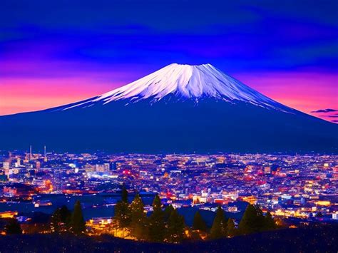 Premium Photo | Beautiful mount fuji and a city at night