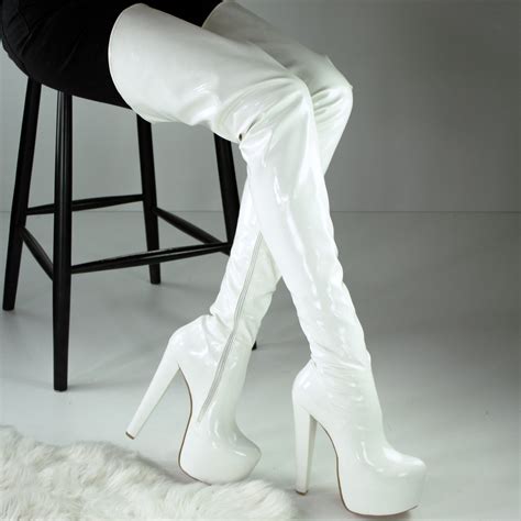 White Extra Long Black Gloss Stretch Thigh High Boots | Tajna Shoes