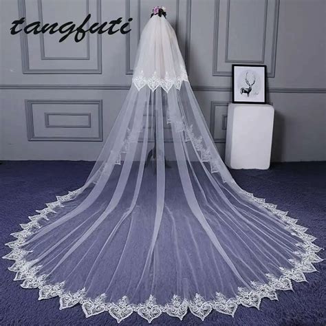 3 M Cathedral Veil Lace Applique Edge Two Layer Tulle Bridal Veil Free Shipping Women Wedding