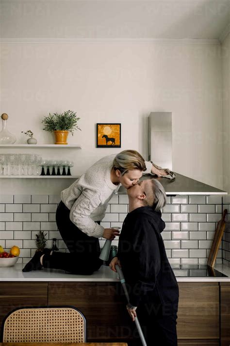 Affectionate Lesbian Women Kissing Each Other While Cleaning Kitchen Together At Home Stock Photo