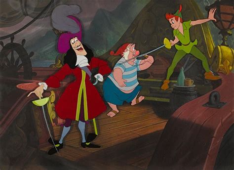 A celluloid of Captain Hook, Smee, and Peter Pan from Peter Pan by Walt ...