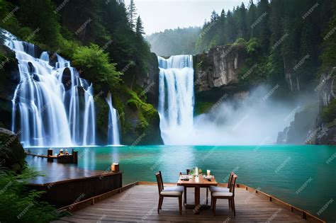 Premium Ai Image A Table And Chairs On A Deck With A Waterfall In The