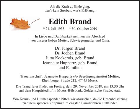 Traueranzeigen Von Edith Brand Trauer In NRW De