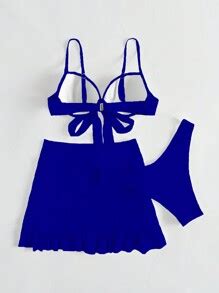 SHEIN Swim Vcay Solid Bikini Set Knot Front Push Up Bra High Cut Bottom Ruched Beach Skirt