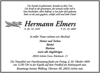 Traueranzeigen Von Hermann Elmers Trauer Kreiszeitung De