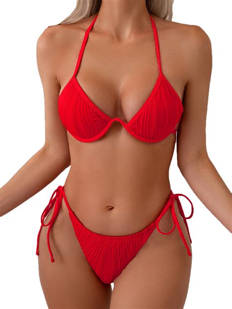 Fanuerg Women S Underwire Triangle Bikini Set Halter String Two Piece Swimsuit Thong Bathing