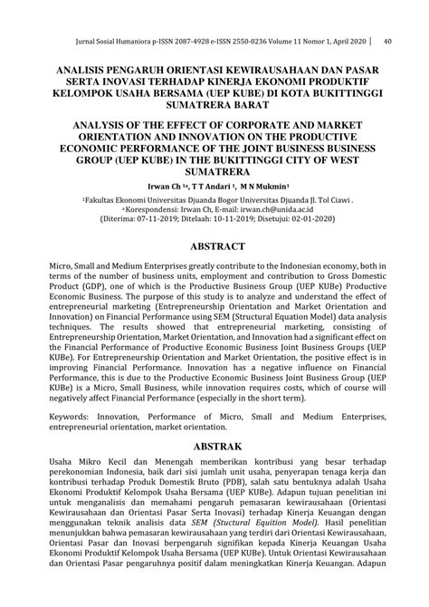 Pdf Analisis Pengaruh Orientasi Kewirausahaan Dan Pasar Serta Inovasi