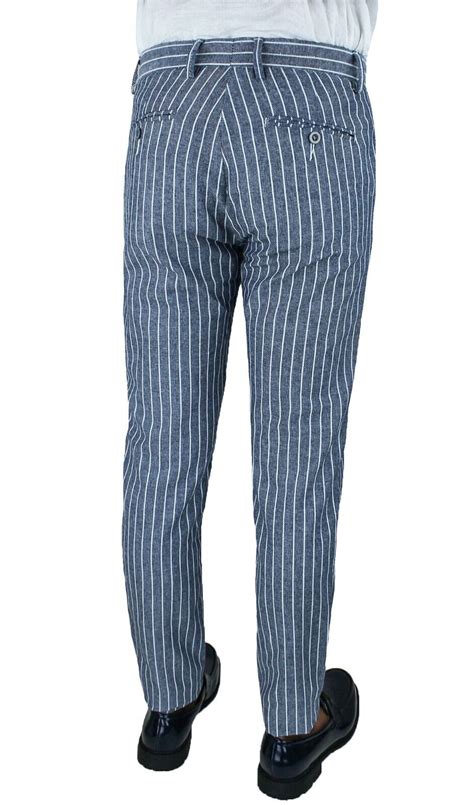 Pantaloni Uomo Lino Blu A Righe Primavera Estate Casual Eleganti Tasca