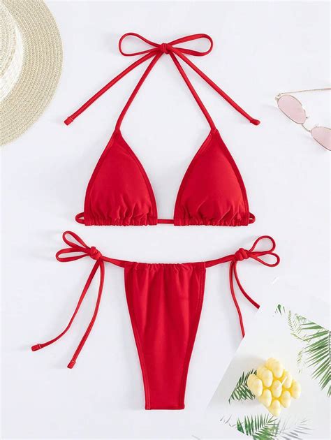 Conjunto De Bikini De Dos Piezas Dividido Con Tirantes Sexy De Tipo Halter Y Estilo De Tres