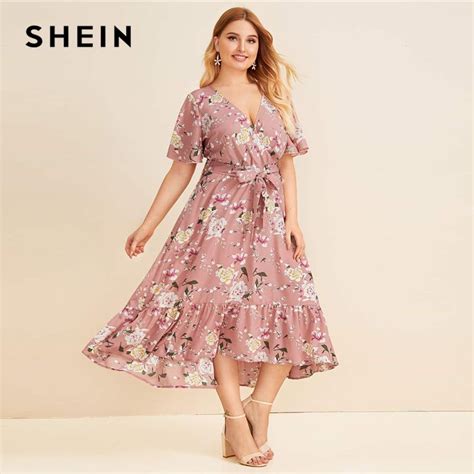 Plus Size Floral Print Ruffle Hem Wrap Belted Long Dress Women Summer