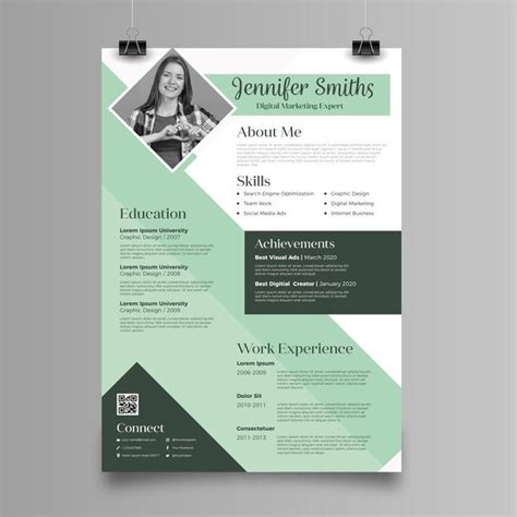 A Green And White Resume Template With An Image Of A Woman On The Front