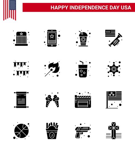 Set Of 16 Modern Solid Glyphs Pack On USA Independence Day American Day