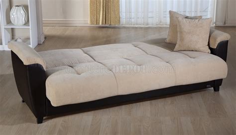 Cream Microfiber & Bonded Leather Base Sofa Bed w/Storage