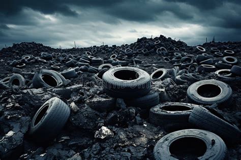 Dump Of Old Used Car Rubber Tires Environmental Pollution Concept