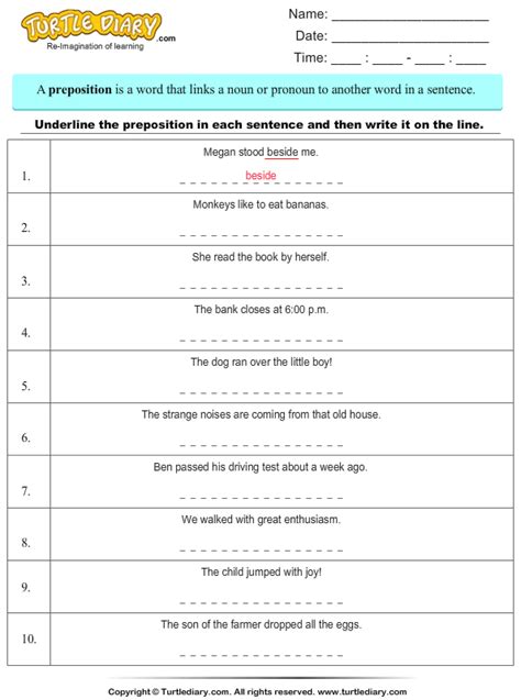 Underline Prepositions In A Sentence Turtle Diary Worksheet