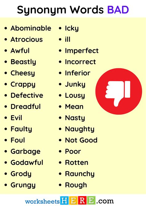 Synonym Words List With Bad In English Pdf Worksheet For Students