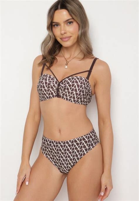 Brązowe Bikini Biustonosz z Ozdobnymi Paskami i Majtki Figi Linadora Born2be
