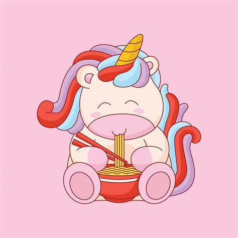 Lindo Unicornio Comiendo Fideos Dibujos Animados Vector Icono