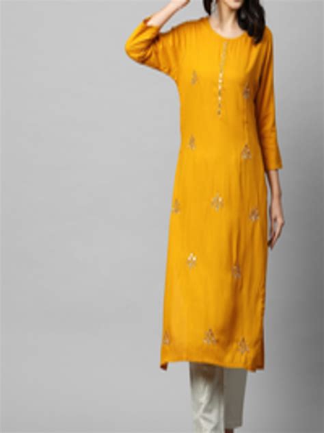 Buy Fashor Women Mustard Yellow Ethnic Motifs Embroidered Mirror Work Kurta Kurtas For Women