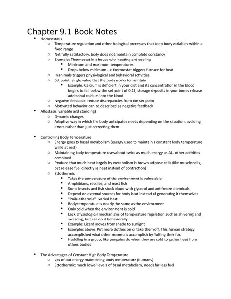 Chapter 91 From Book Chapter 9 Book Notes Homeostasis O Temperature