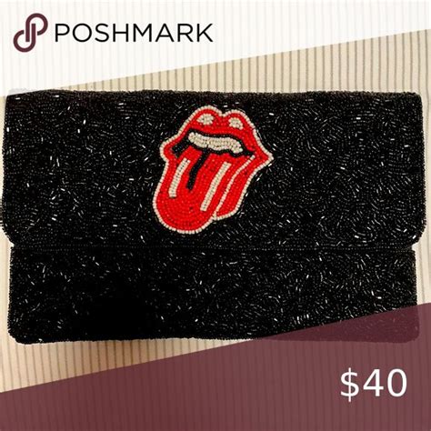 Bedazzled Black Clutch With Rolling Stones Logo Black Clutch Rolling