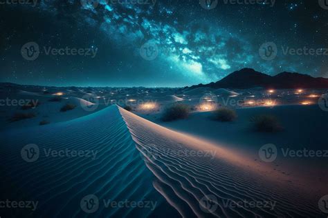 Starry night in the desert with dunes, dark night sky with stars. Milky ...