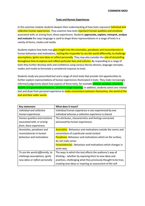 Common Module Texts And Human Experiences Cheat Sheet Texts And