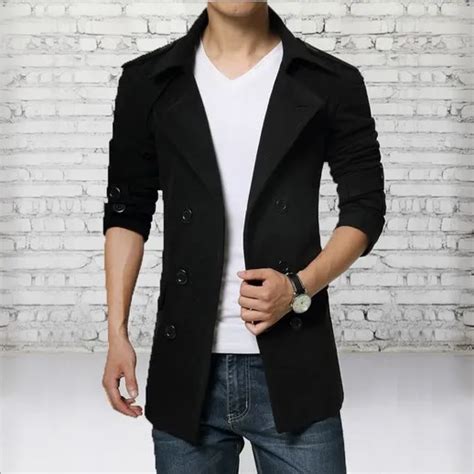 Plus Size Men Slim Fit Long Trench Coat Autumn Winter Men's Double Breasted Trench Coat Black ...