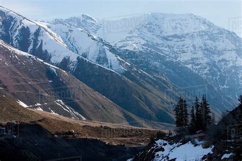 Aerial View Of Snowy Mountain Valley Stock Photo Dissolve