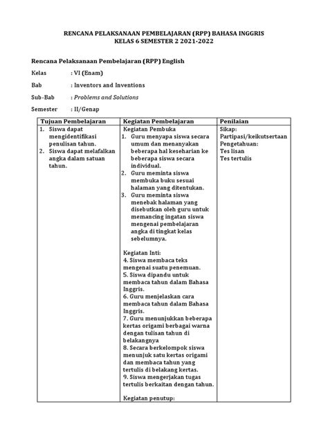 Rpp Kelas 3 Semester 2 2021 2022 Pdf