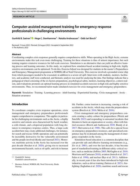 Pdf Computer Assisted Management Training For Emergency Response Professionals In Challenging