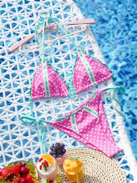 SHEIN Swim Women S Summer Beach Polka Dot Printed Halter Neck Tie Sexy Bikini Set Vocation