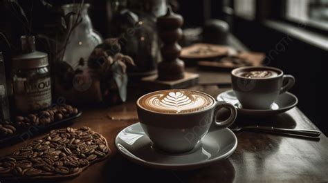 Cup Of Latte On Wooden Table Background