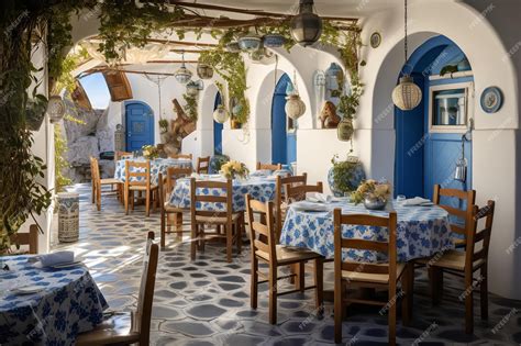 Premium AI Image | Traditional Greek Taverna with Blue and White Decor