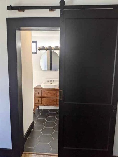 Black and White Bathroom Design with White Hexagon Tiles