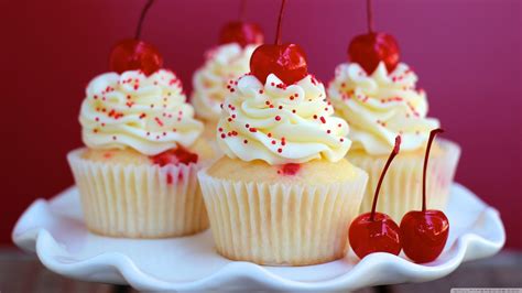 white cupcake with cherry #cupcakes #dessert #sprinkles cherries (food) #2K #wallpaper # ...