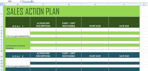 the sales action plan is displayed in microsoft office templates's spreadsheet