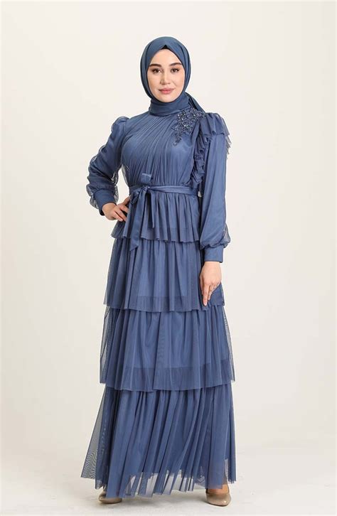 Indigo Hijab Evening Dress Sefamerve