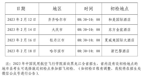 2023年黑龙江省招飞初检日程安排 民用航空招生信息网