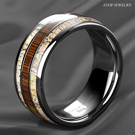 8mm Silver Tungsten Ring With Deer Antler Koa Wood Men Wedding Band Atop Jewelry Ebay