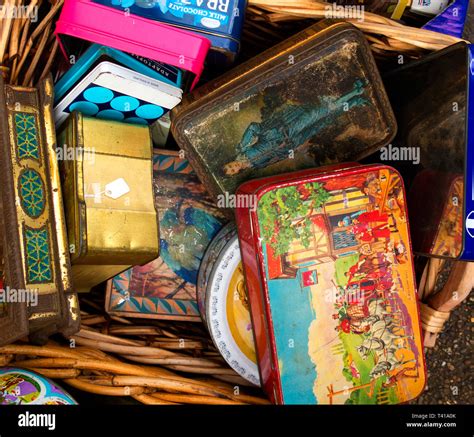 Vintage Metal Tins Stock Photo Alamy