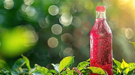 Roselle Juice In A Plastic Bottle With Nature Green Background