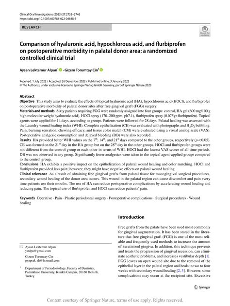 Comparison Of Hyaluronic Acid Hypochlorous Acid And Flurbiprofen On