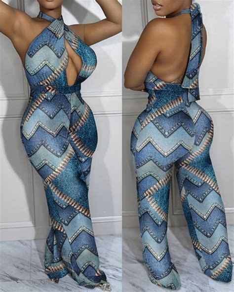 Denim Look Print Halter Backless Jumpsuit