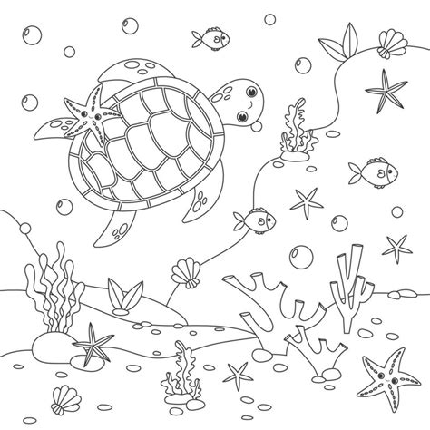 Coloring page. Little cute sea turtle swims underwater with bubbles and ...