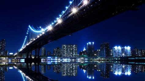 Papel De Parede Luzes Paisagem Urbana Noite Reflexão Horizonte Arranha Céu Ponte