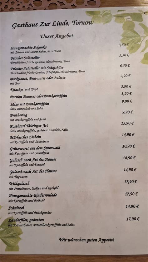 Speisekarte Von Gasthaus Zur Linde Restaurant Teupitz