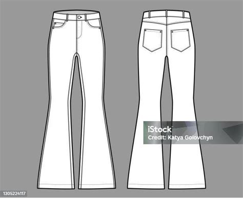 Jeans Flared Bottom Denim Pants Technical Fashion Illustration With Full Length Low Waist Rise 5