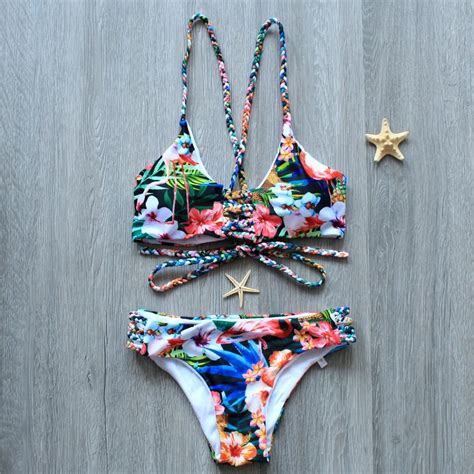 FBS 2018 Hand Knitting Pretty Swimsuit Floral Printed Bikinis Set Sexy