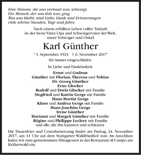 Traueranzeigen Von Karl G Nther Stuttgart Gedenkt De